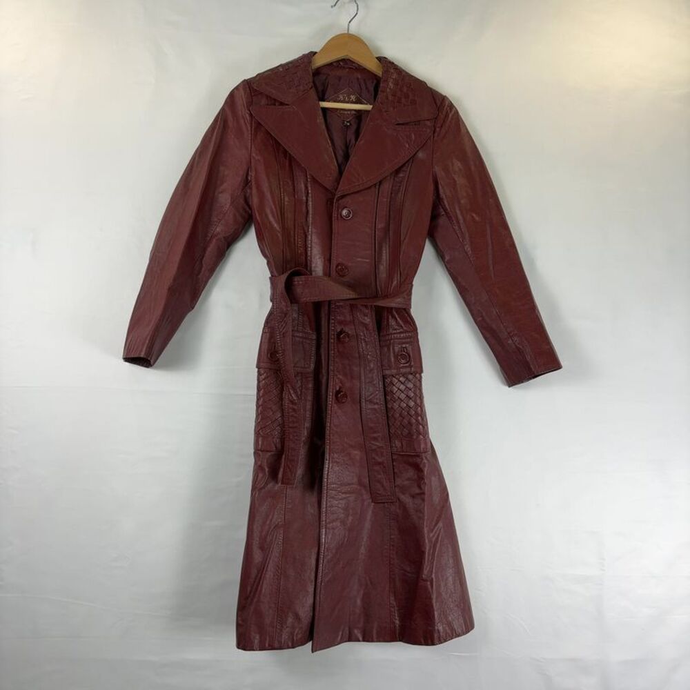 K & H Women's Deep Red Leather Trench Coat